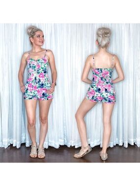 H&M Pink White Blue and Green Floral Romper